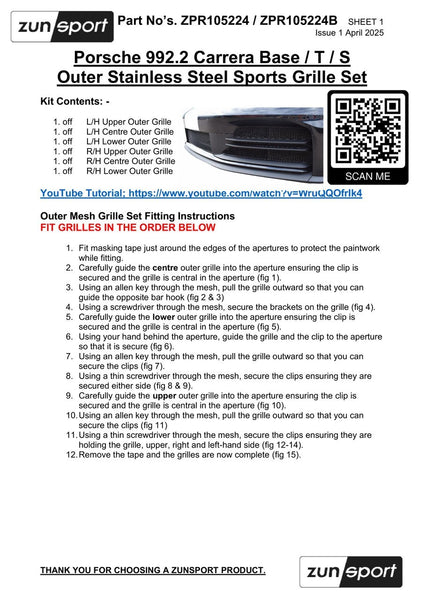 Zunsport Porsche Carrera 992.2 Base T S 24+ Stainless Outer Grille Front Bumper