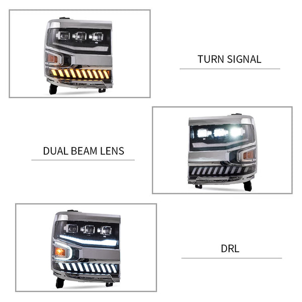 VLAND EU Pair Chevrolet Silverado 1500 16-18 LED DRL Seq Lightbar Headlights LHD