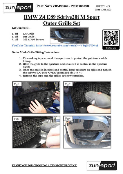 ZUNSPORT ZBM99009P BMW Z4 E89 Sdrive20i M Sport Front Bumper Grille Set Black