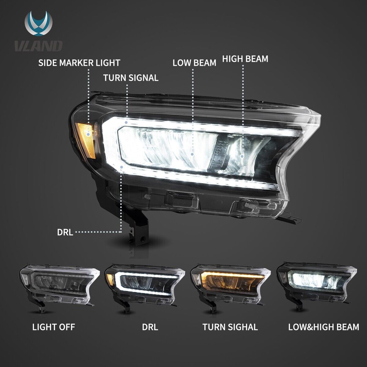 VLAND 15-21 Ford Ranger P375 MK3 3 Lightbar DYNAMIC LED DRL Headlights LHD