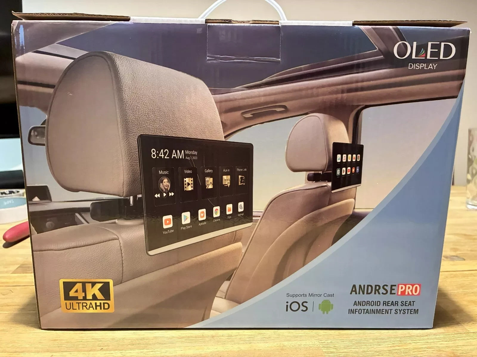ANDRSEPRO VT-1380A 1x Headrest OLED 4K Screen 13.5" Android Apps Wifi MirrorCast