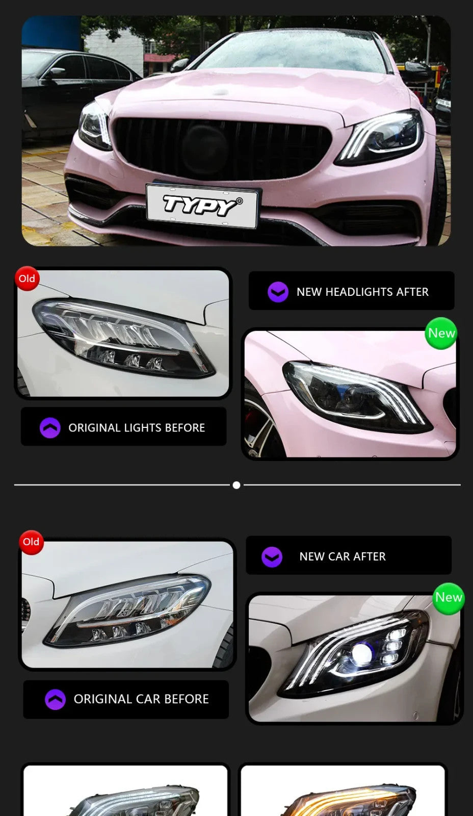 TYPY Pair Benz C-Class W205 15-21 LED DRL Lightbar Headlights LHD