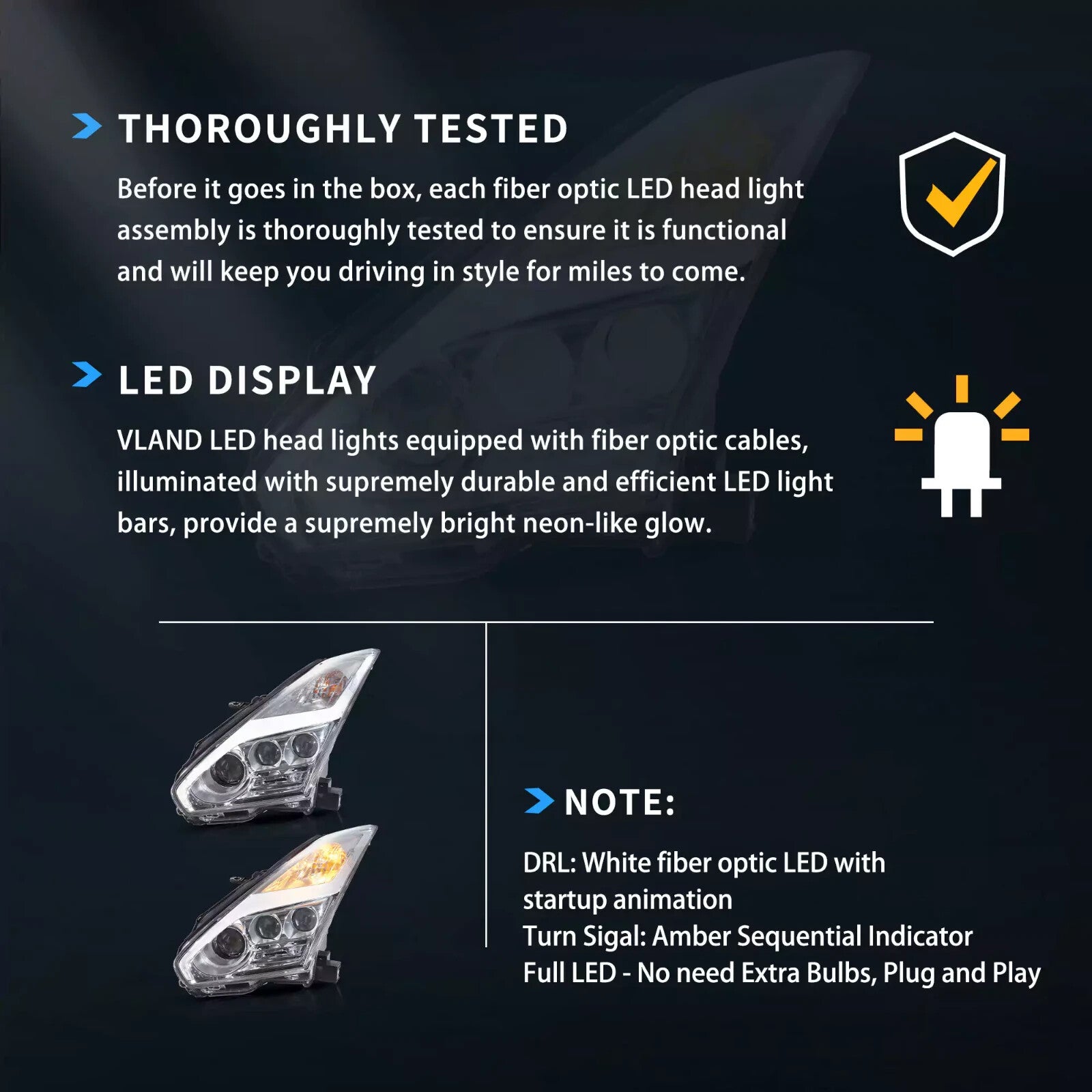 VLAND Pair 08-23 GT-R R35 LED DRL Halo Projector Headlights Lamps Chrome LHD