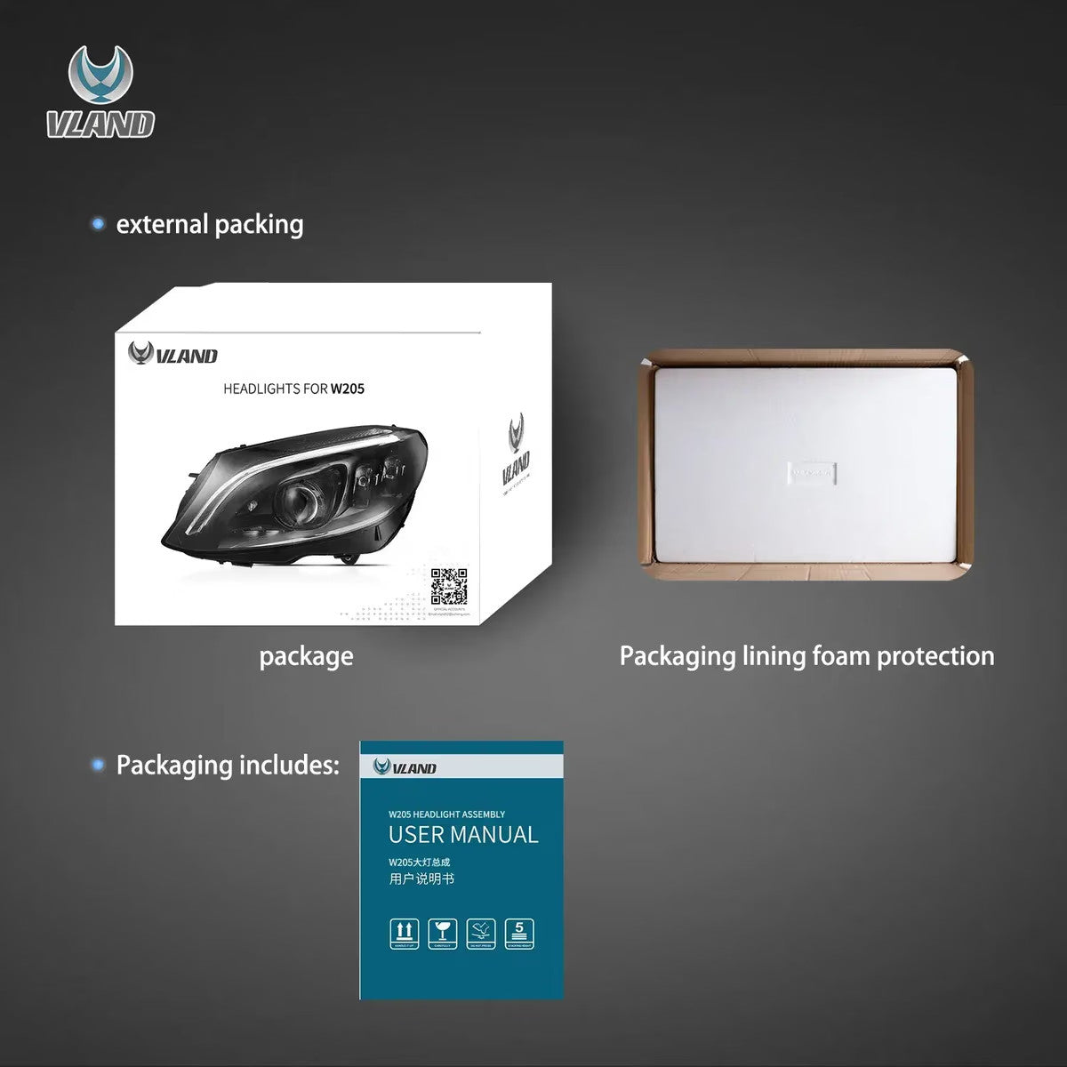 VLAND EU Pair Mercedes C-Class 15-21 LED DRL Seq Matrix Lightbar Headlights LHD