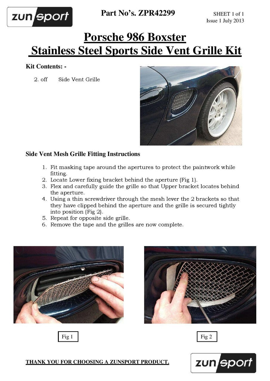 Zunsport Porsche Boxster S - Full Set - Stainless Front Bumper Grille Side Vents