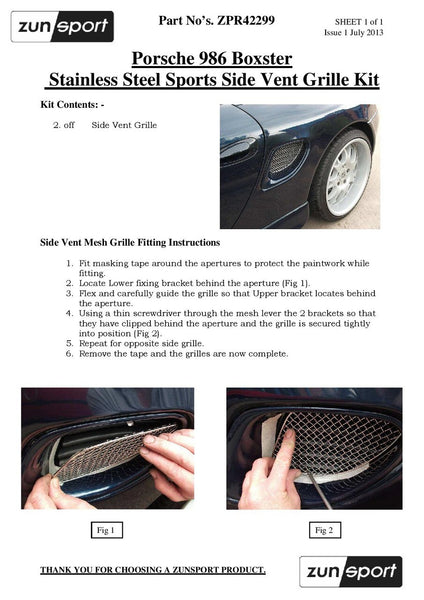 Zunsport Porsche Boxster S - Full Set - Stainless Front Bumper Grille Side Vents