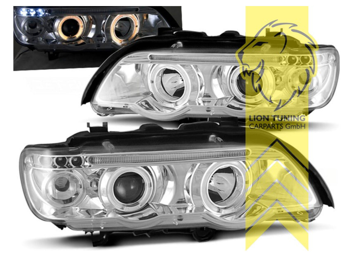 LT  Pair LED DRL Halogen Angel Eye Halo Ring Headlights BMW X5 E53 chrome LHD