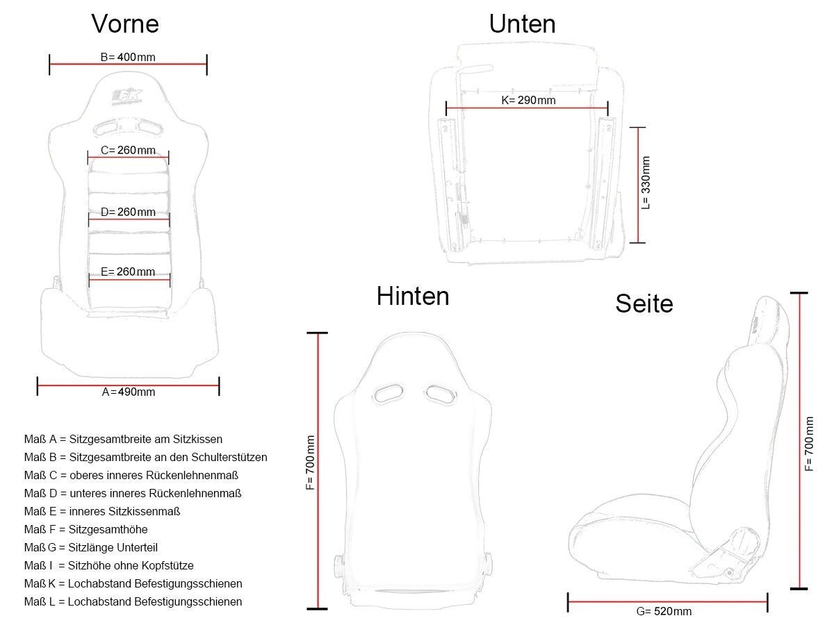 FK Pair Classic II Retro Kit Car Bucket Sports Seats - Black Red Piping + slides