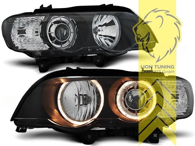 LT  Pair LED DRL Halogen H7 Halo Ring Headlights BMW X5 E53 black 00-03 LHD