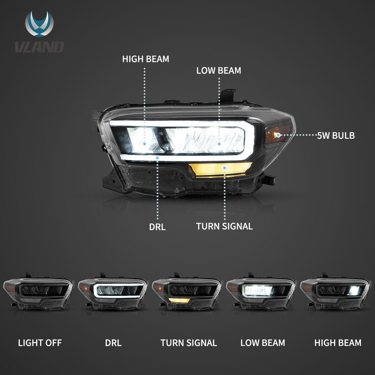 VLAND 16-23 Toyota Tacoma N300 3 MK3 Lightbar DYNAMIC LED DRL Headlights LHD