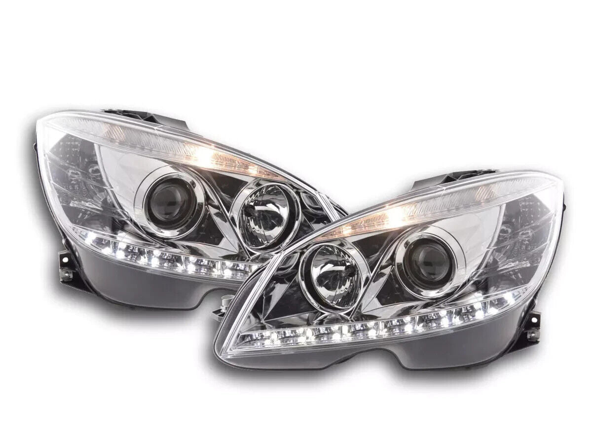 FK LED DRL Halo Lightbar Headlights Mercedes C-Class W204 07-10 Chrome LHD