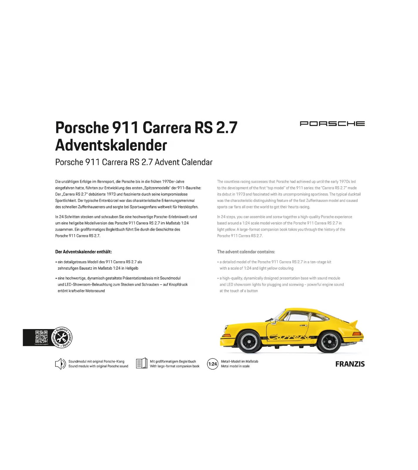 FRANZIS Porsche 911 Carrera RS 2.7 Advent Calendar Collectable Desk Model Kit