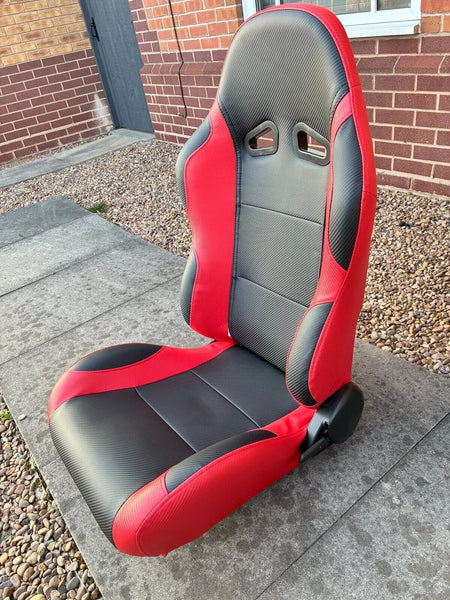 UK FK Pair Universal Recline Bucket Seats inc slide runners - Red & Black Carbon