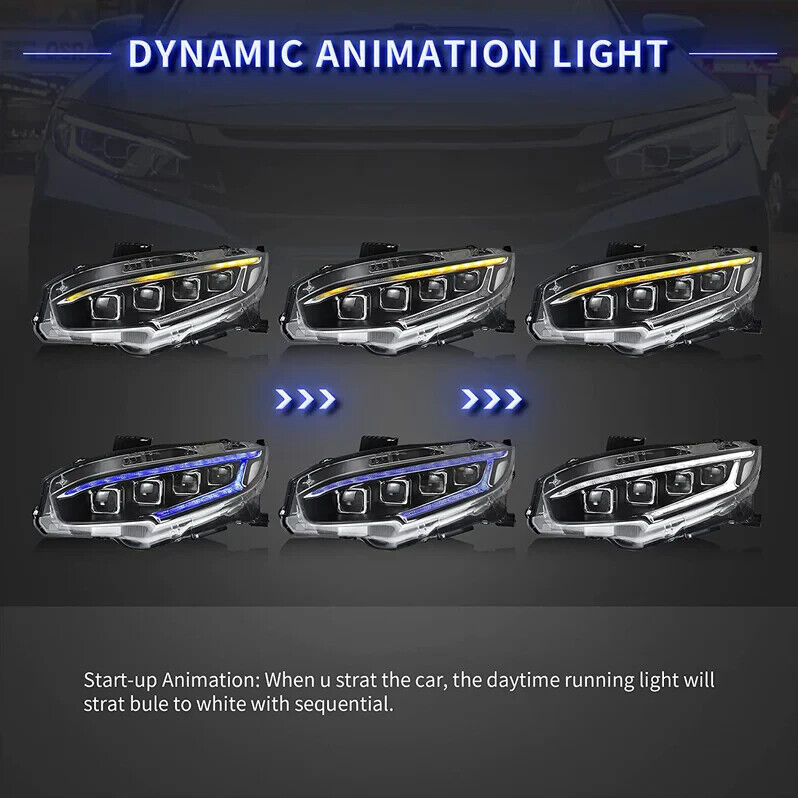 VLAND Honda Civic Sedan Coupe HB R 16-20 LED DRL Anim Lightbar Headlights US LHD