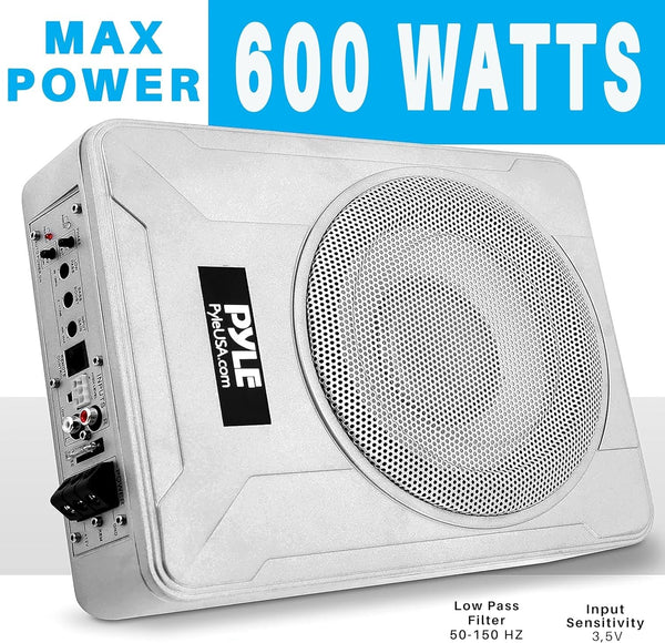 PYLE Car 8" Low-Profile Amplified Subwoofer System 600W Compact Underseat H/L