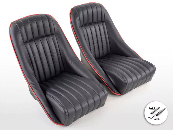 FK Pair Classic Retro Kit Car Bucket Sports Seats - Black Red Piping + slides