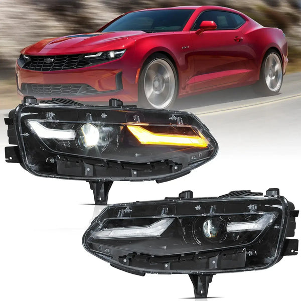 VLAND Pair 19-24 Chevy Camaro LED DRL Lightbar Dual Beam Projector Headlights