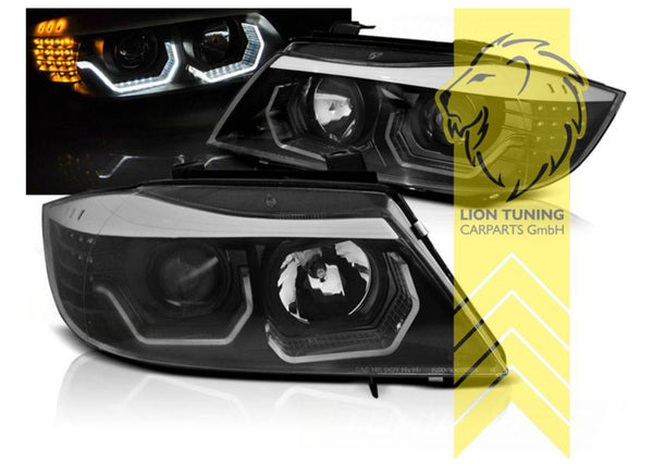 LT Pair LED DRL Halo H7 H1 Headlights BMW E90 Sedan E91 Touring Black 05-08 LHD