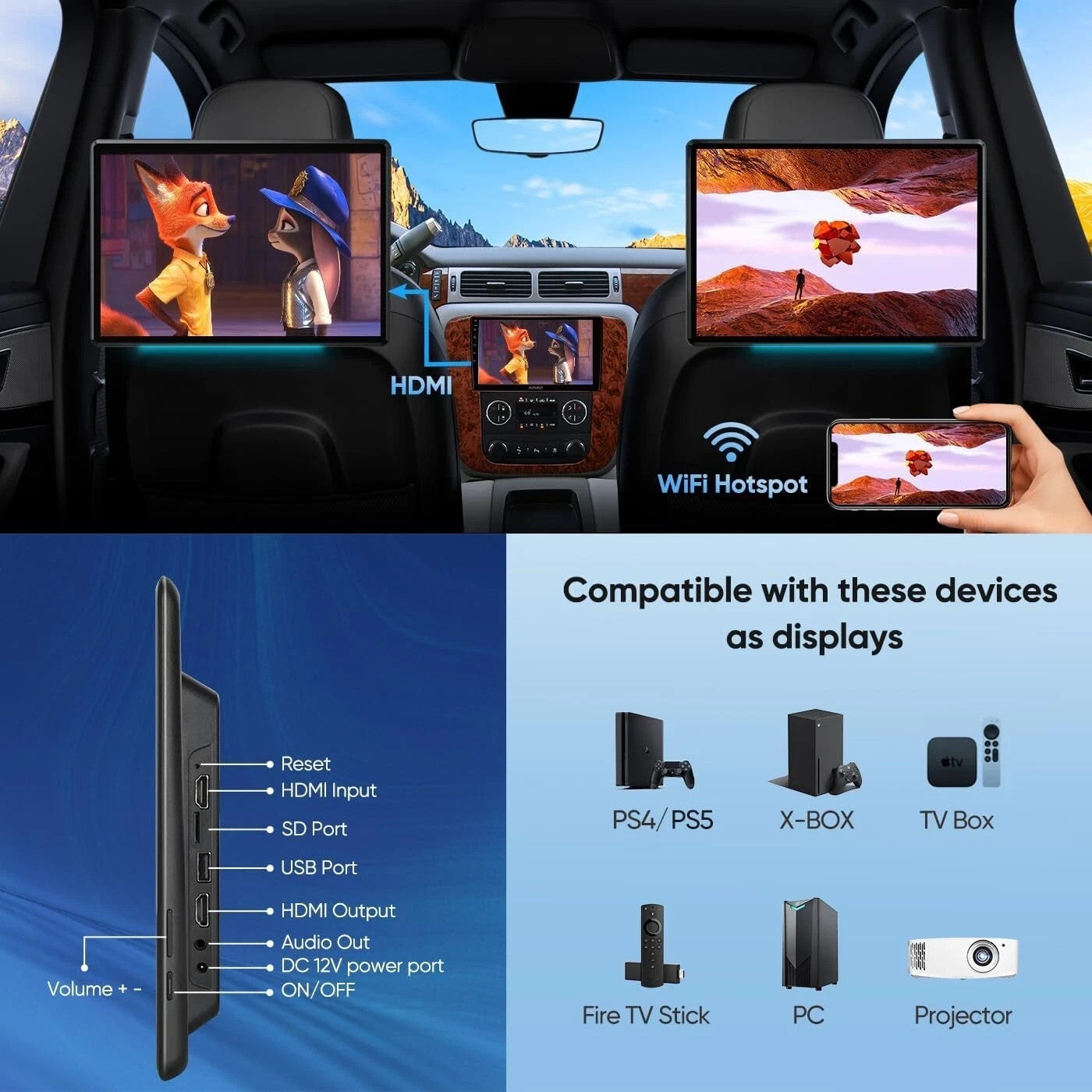 ANDRSEPRO VT-1380A 1x Headrest OLED 4K Screen 13.5" Android Apps Wifi MirrorCast