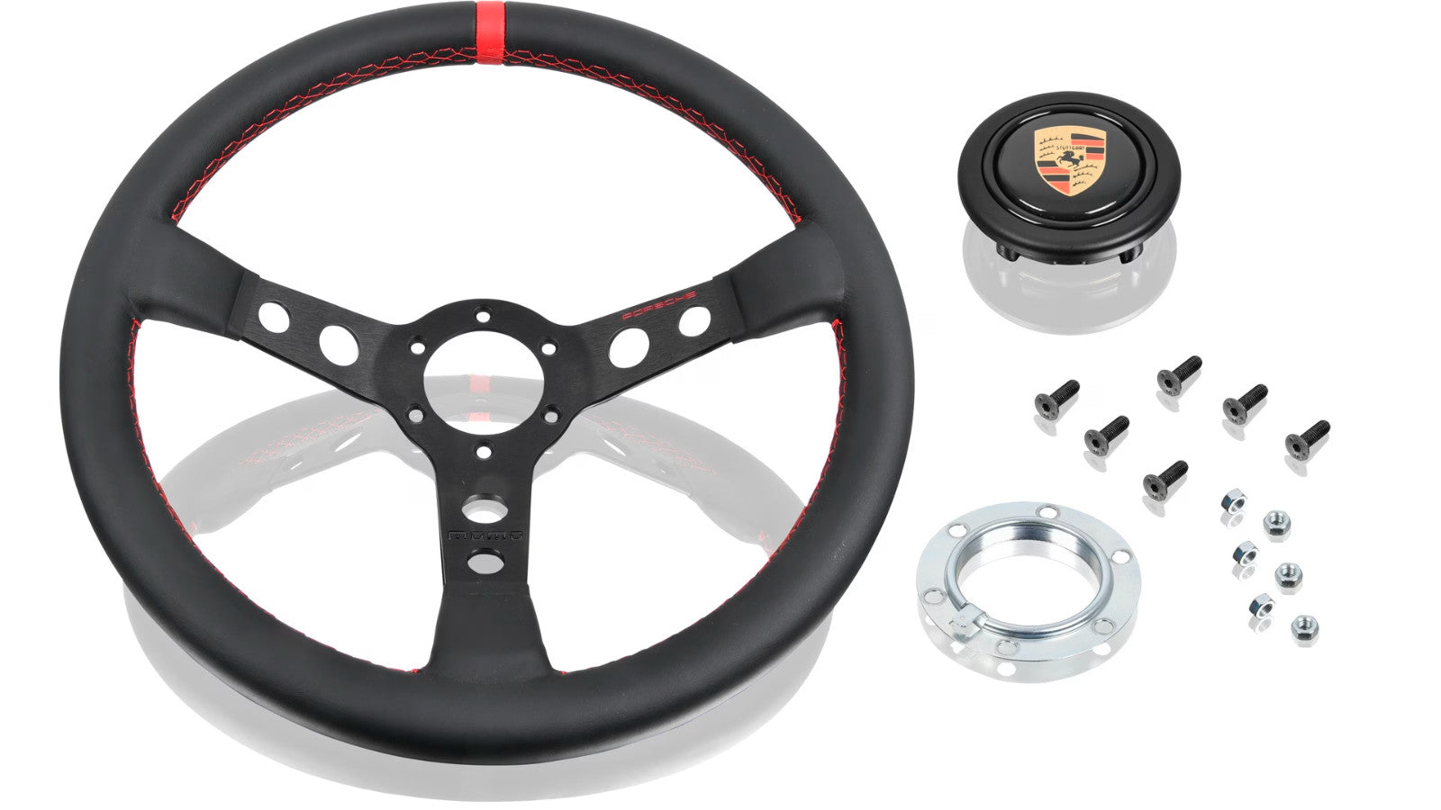 Genuine Porsche Momo Classic performance steering wheel black leather red stitching