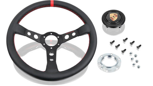 Genuine Porsche Momo Classic performance steering wheel black leather red stitching