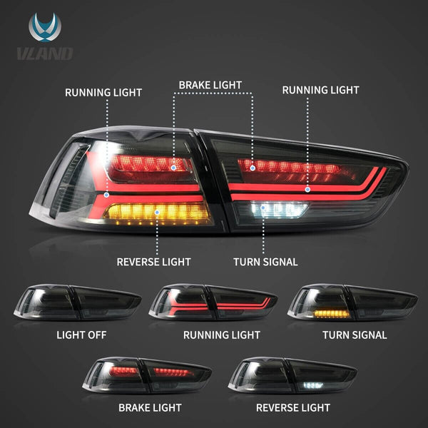 VLAND LED Tail Lamps Rear Lights 08-17 Mitsubishi Lancer EVO X DYNAMIC Smoke