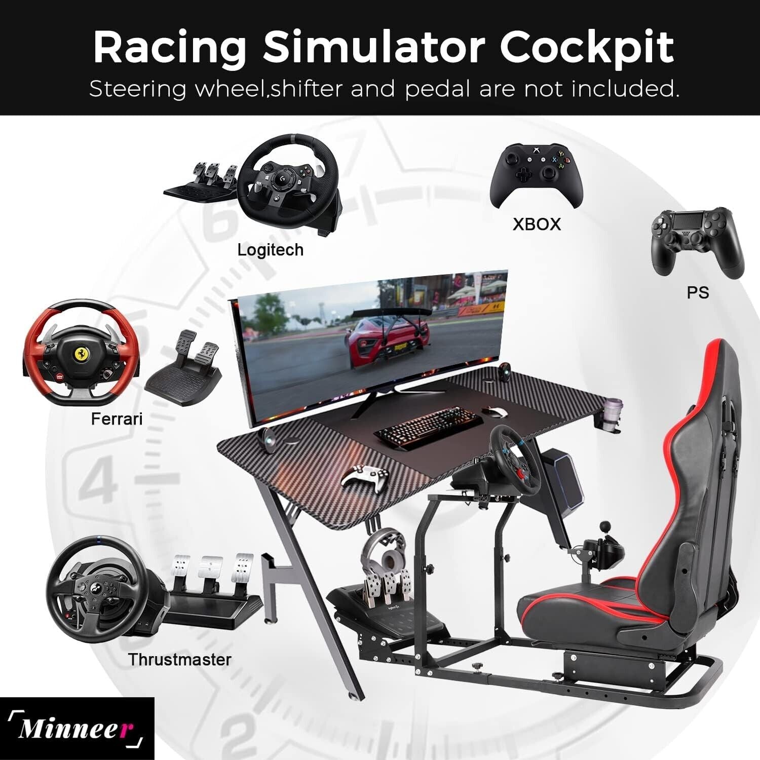 MNR Driving Game Sim Racing Frame Rig + Seat for Wheel Pedals Xbox PS PC