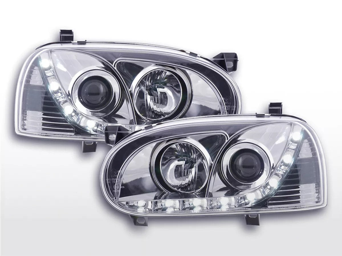FK Pair LED DRL Lightbar Halogen Headlights VW Golf 3 91-97 chrome RHD