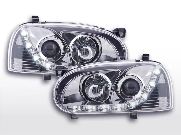 FK Pair LED DRL Lightbar Halogen Headlights VW Golf 3 91-97 chrome RHD