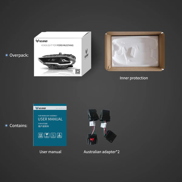 VLAND EU Pair Ford Mustang 6 18-22 LED DRL Lightbar Halo Headlights LHD