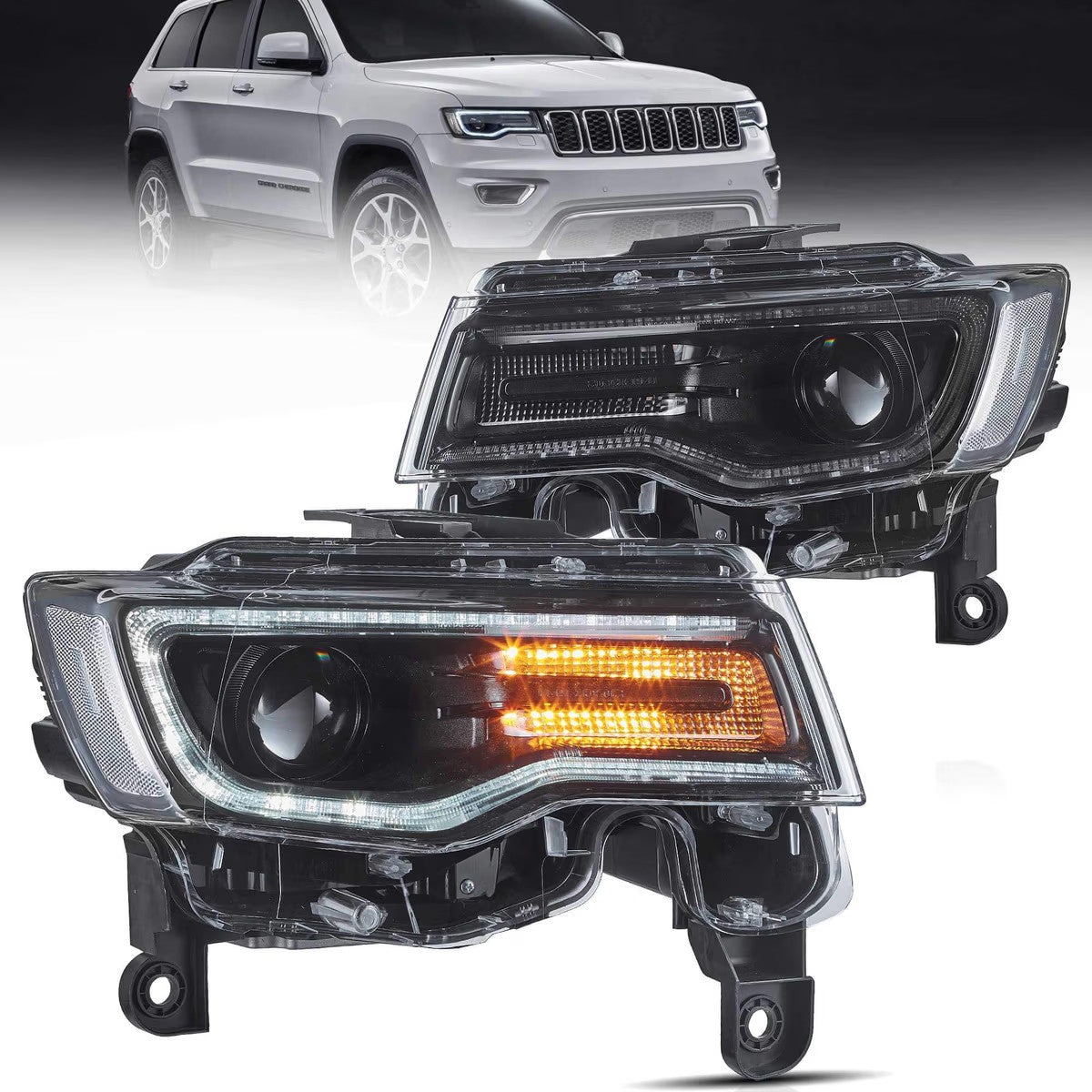 VLAND EU Pair Jeep Grand Cherokee 14+ LED DRL Seq Lightbar Headlights LHD