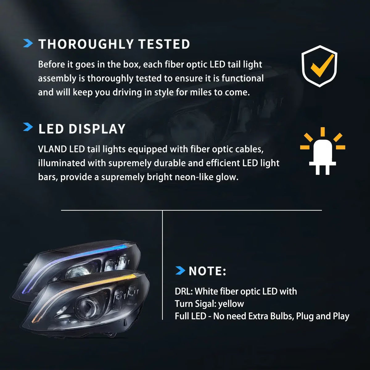 VLAND EU Pair Mercedes C-Class 15-21 LED DRL Seq Matrix Lightbar Headlights LHD