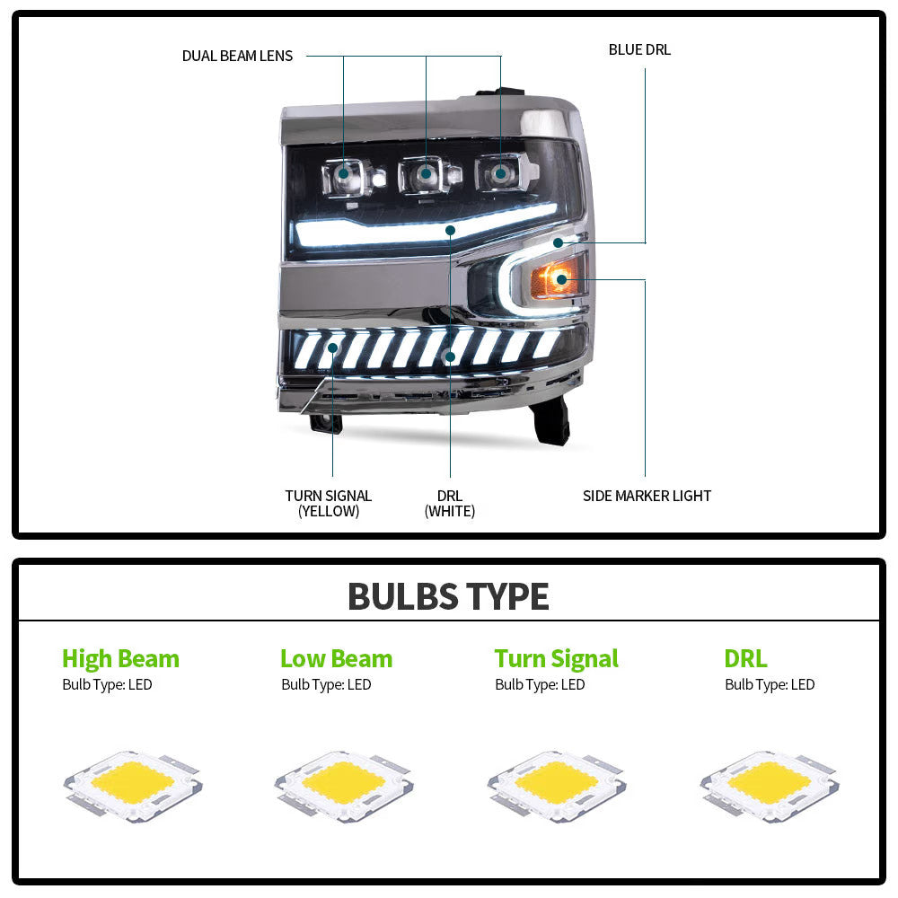 VLAND EU Pair Chevrolet Silverado 1500 16-18 LED DRL Seq Lightbar Headlights LHD
