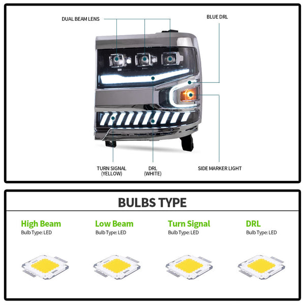 VLAND EU Pair Chevrolet Silverado 1500 16-18 LED DRL Seq Lightbar Headlights LHD