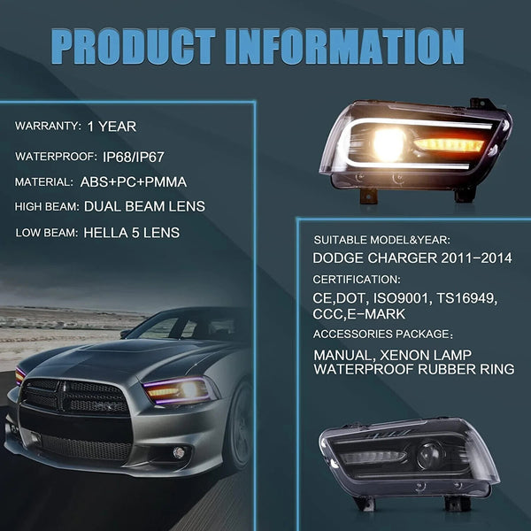 VLAND RGB Dual Beam Dodge Charger 2011-2014 SEQ LED DRL Lightbar Headlights