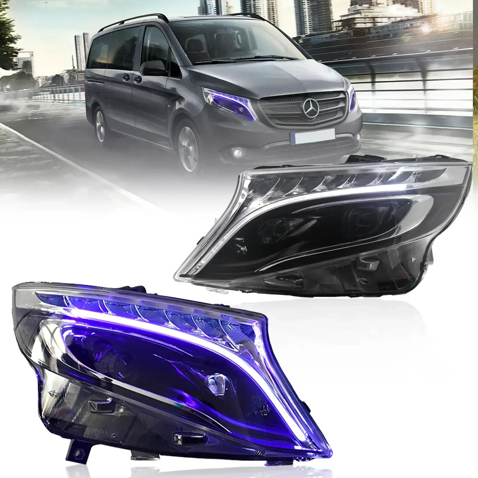 VLAND LED Headlights 16-23 Mercedes Benz Metris Vito W447 Blue DRL LED LIGHTBAR