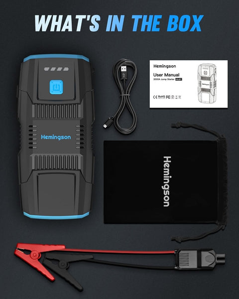 Jump Starter Portable Pack HEMINGSON 2000A Peak Battery 12V 7.0L / 5.5L 4 Modes