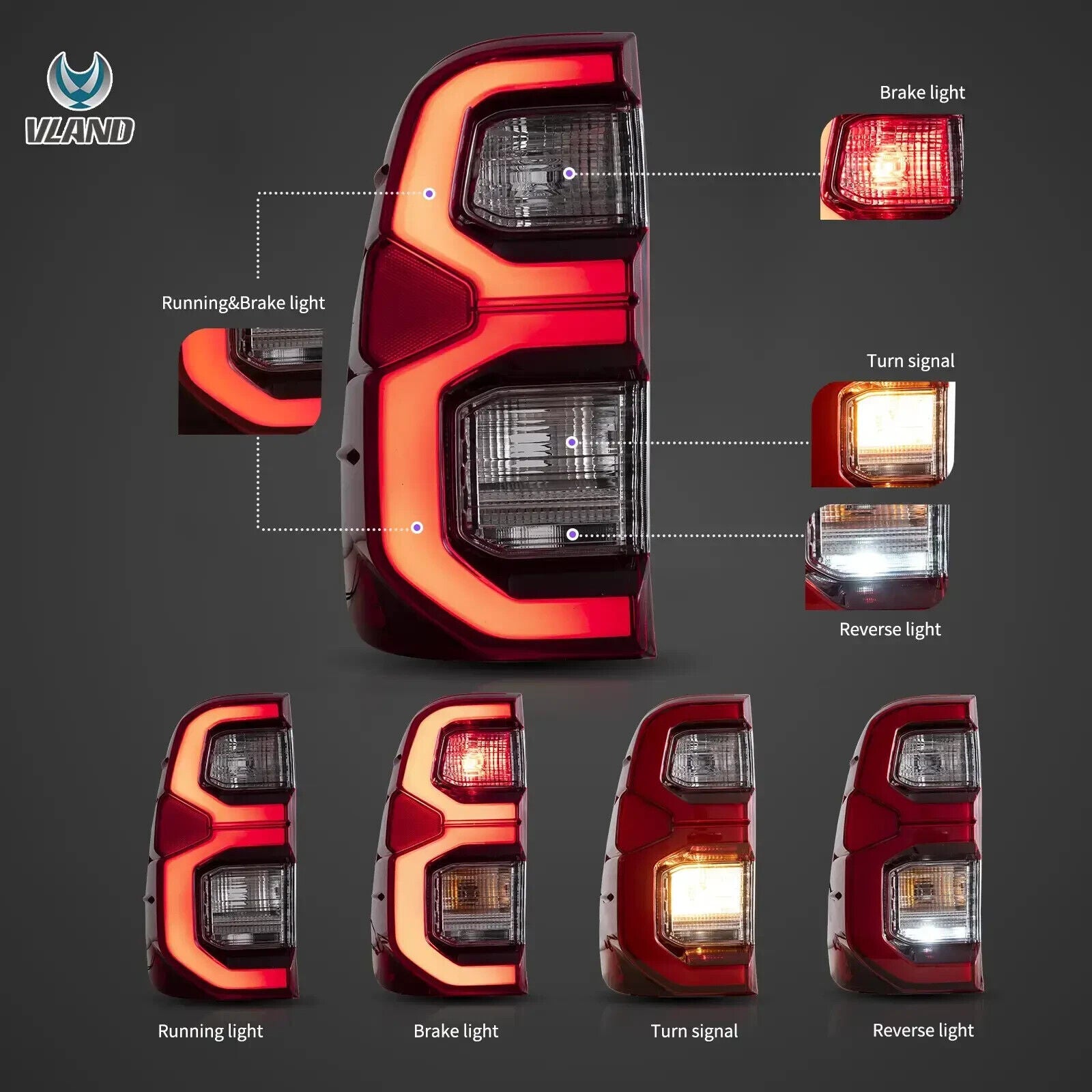 VLAND LED Tail Lamps Rear Lights 15-22 Toyota Hilux SR5 8 MK8 GUN125 GUN126R
