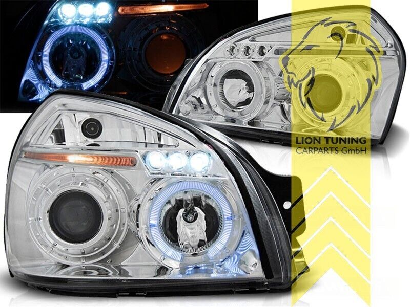 LT Set LED Angel Eye Halo Ring Headlights Hyundai Tucson JM 04-10 Chrome LHD