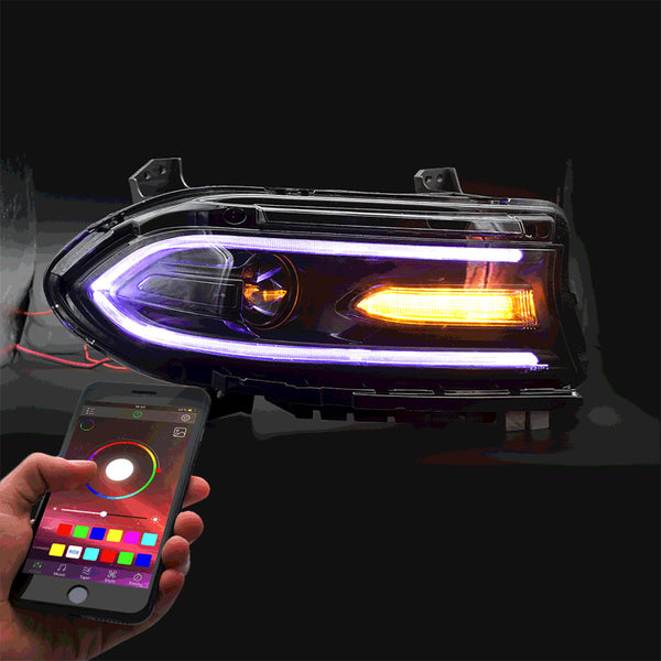 VLAND EU Pair Dodge Challenger 15-23 LED DRL RGB Colour Halo Headlights LHD