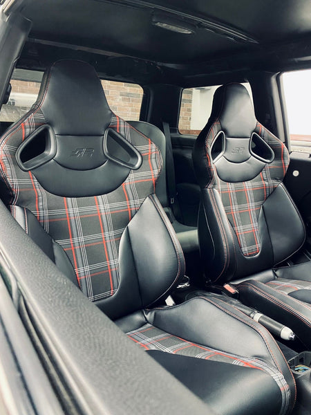Simoni Universal Pair Red & Black Check Tartan GTi Car Bucket Seats + slides