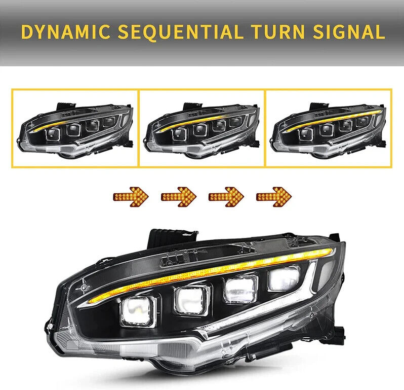 VLAND Honda Civic Sedan Coupe HB R 16-20 LED DRL Anim Lightbar Headlights US LHD