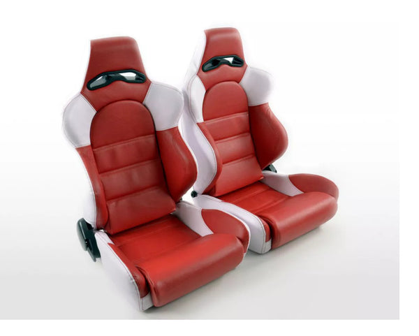 FK Pair Universal Car Van 4x4 Bucket Sports Seats Set - Red White Bolster Luxe