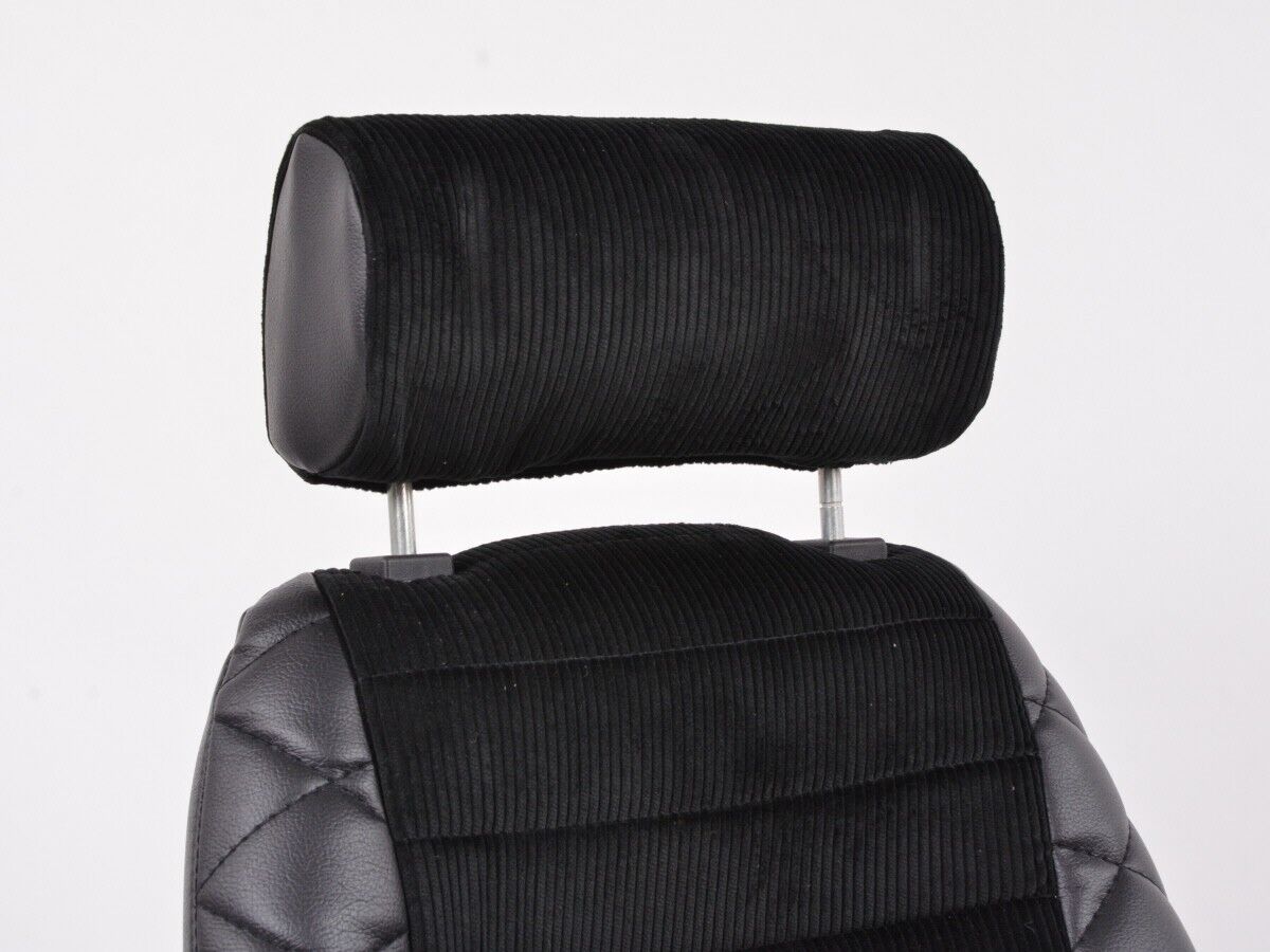 FK Pair Classic 3 Retro Kit Car Bucket Sports Seats with Headrest - Black Synthetic Leather + Ribbed Cord Textile + slides