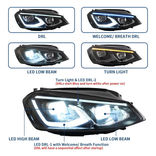 VLAND VW Golf 7 Mk7 5G LED DRL Halogen 13-17 LED DRL Headlights Black LHD