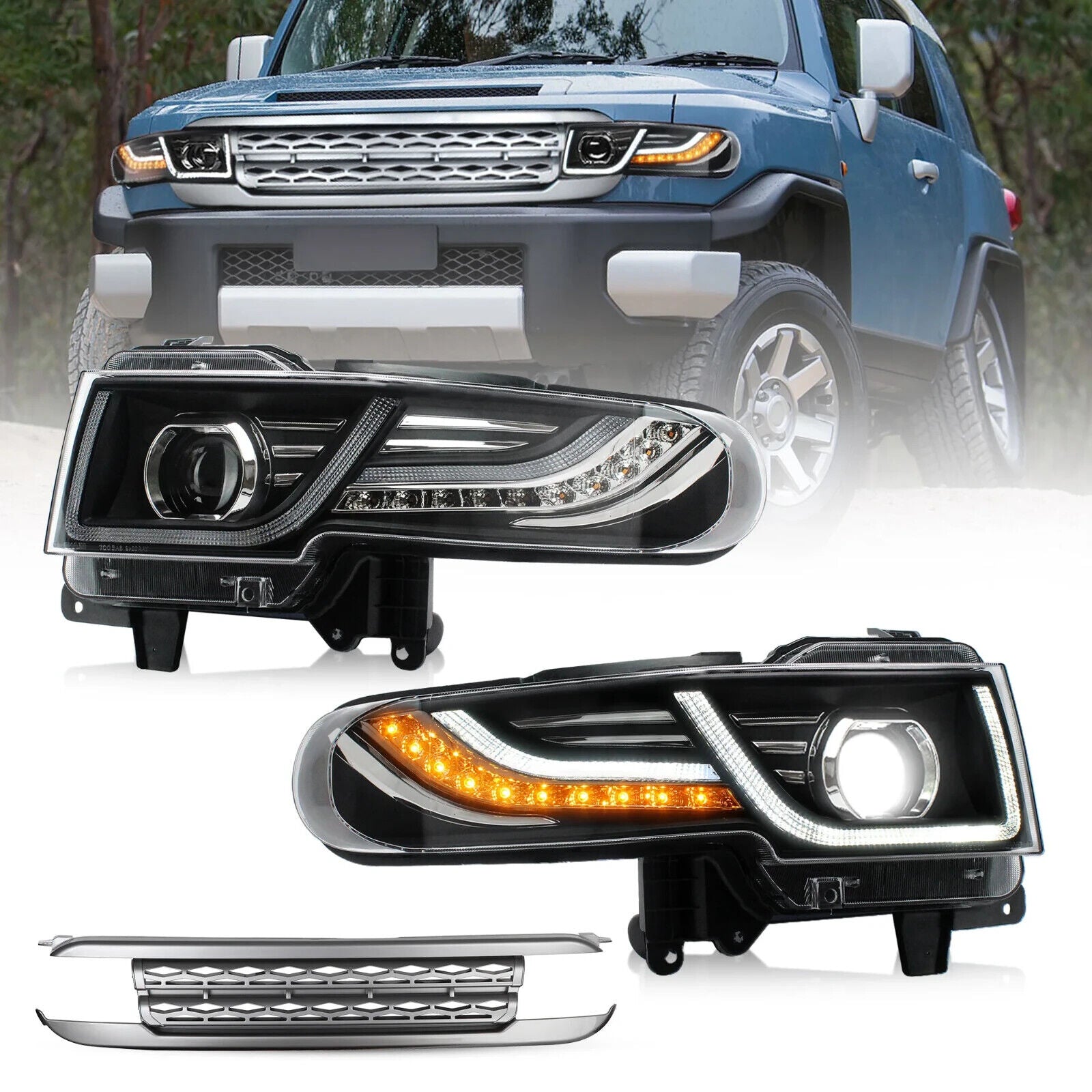 VLAND Toyota Fj Cruiser 2007-2023 SEQ LED DRL Lightbar Headlights + Grilles LHD