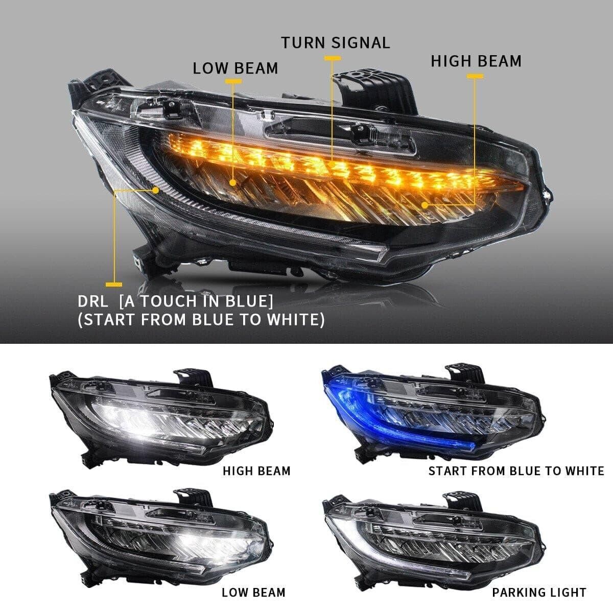 VLAND Honda Civic 10 Sedan Coupe Hatchback 16-21 LED DRL Lightbar Headlights