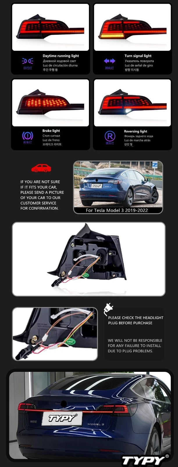 TYPY Pair 19-22 Tesla Model 3 Lightbar Sequential LED DRL Rear Lights