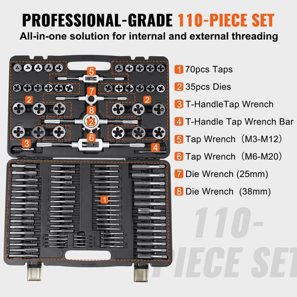 Tap & Die Set 110Pcs Metric Size M2 - M18 Bearing Steel Taps and Dies Threading