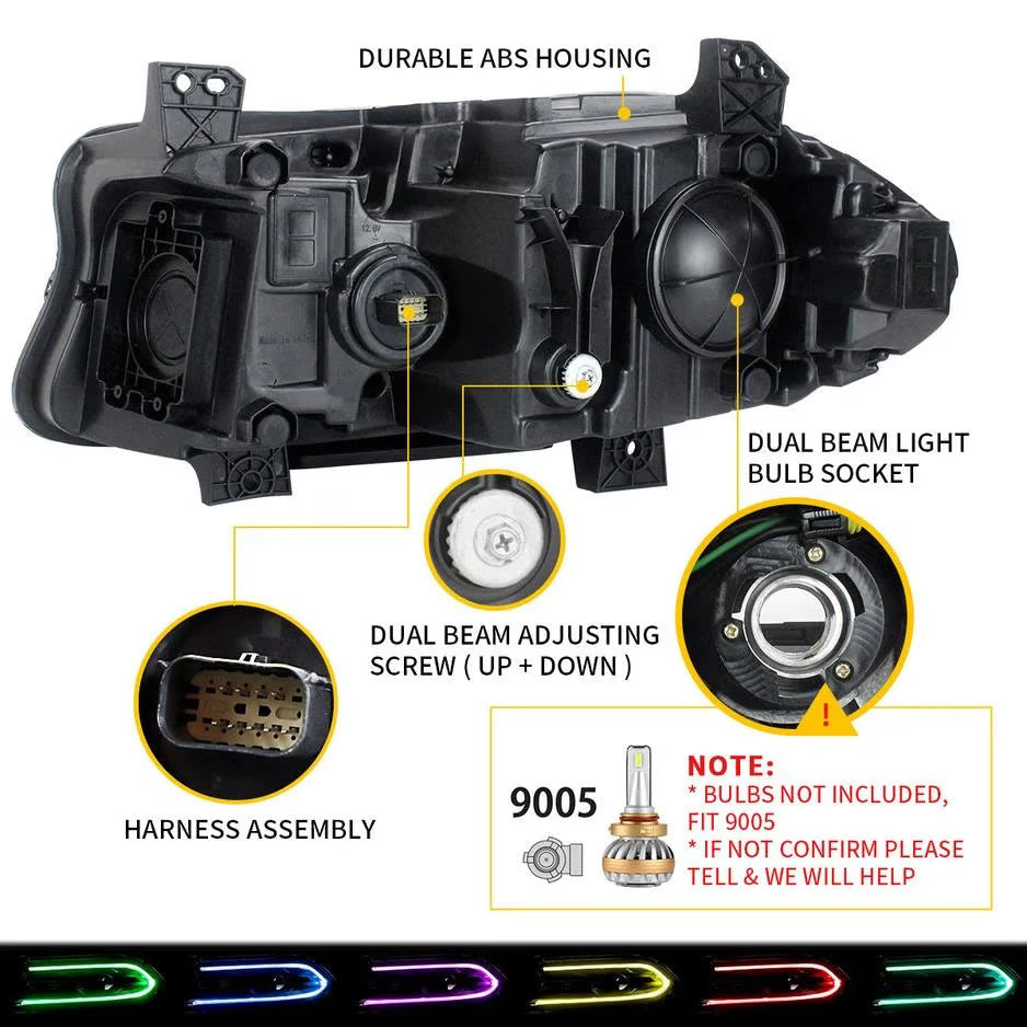 VLAND EU Pair Dodge Challenger 15-23 LED DRL RGB Colour Halo Headlights LHD